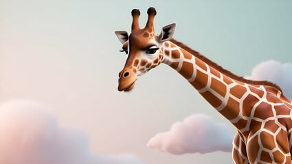Obraz premium A stunning 3D giraffe with a long, graceful neck stands tall against a soft pastel gradient, showcasing the elegance and beauty of zoo animals, with lifelike textures and intricate details.