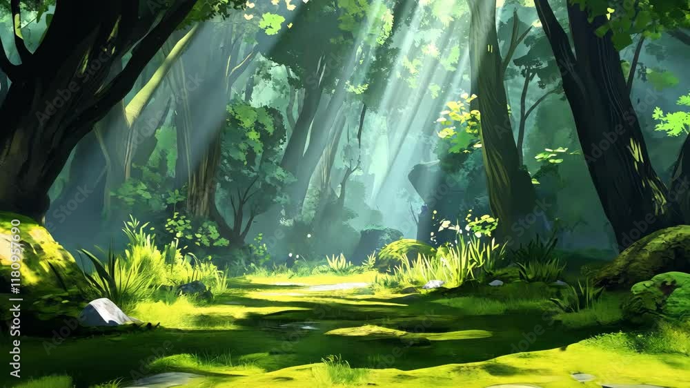 Poster sunlight filters through trees in a tranquil forest clearing filled with lush greenery and vibrant p