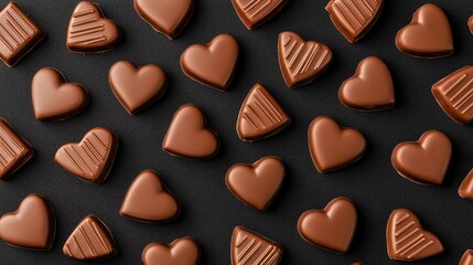 Fototapeta premium Delightful Assortment of Chocolate Hearts on Black Background for Valentine's Day and Sweet Treats