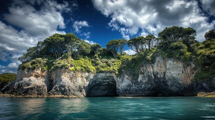 Obraz premium Coastal cave, lush foliage, dramatic sky, ocean, tourism