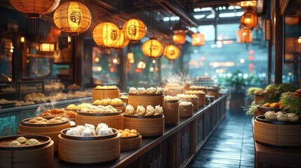 Fototapeta premium Steaming dumplings, Asian market, lanterns, rain, food stall