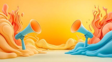 Contemporary art collage featuring hands with megaphones, Artistic Representation of Colorful Megaphones Surrounded by Flowing Pastel Waves in a Vibrant and Energetic Setting