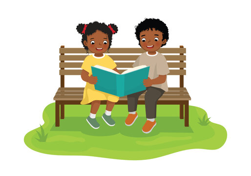 recommend clip art: Cute little African kids reading books together sitting on bench in the park
                    