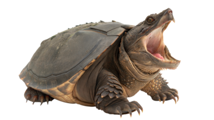 Close-up of snapping turtle in natural habitat showcasing unique features and dynamic pose, isolated on white or transparent background