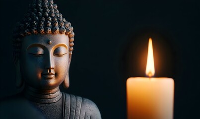 Candlelight Reverie, a close-up view of a flickering flame casting warm light on a serene Buddha statue, evoking tranquility and reflection.