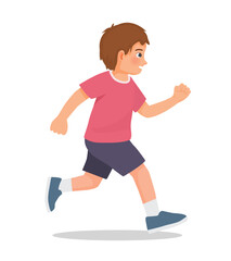 Cute little boy running jogging on the road side view
