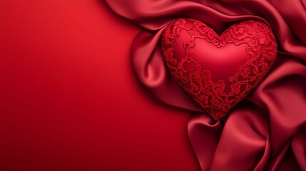A vibrant red heart rests on luxurious crimson fabric, symbolizing love and passion in a romantic setting.