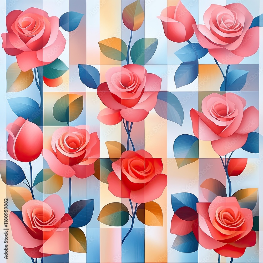 Poster vibrant abstract floral design featuring roses in soft color palette with colorful geometric backgro