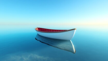 Naklejka premium Lonely rowboat floating on calm blue water, crystal clear sky, tranquil atmosphere, peaceful reflections, serene mood, ultrarealistic, 4K
