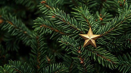 Gold star ornament on a lush green Christmas tree branch.