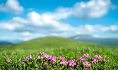 Serene Hillside Escape, lush green hills roll gently under a vibrant pink sky, creating a tranquil and picturesque landscape.