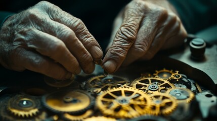 An elderly person's hands meticulously repairing clock gears, portraying precision and the timeless art of watchmaking craftsmanship.
