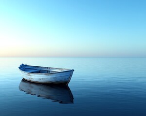 Fototapeta premium Rowboat on calm blue water, clear sky with no clouds, tranquil solitude, peaceful reflections, serene atmosphere, highdefinition clarity
