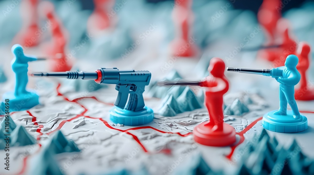 Poster 3d map visualization with red and blue markers, interactive layout highlighting key locations and da
