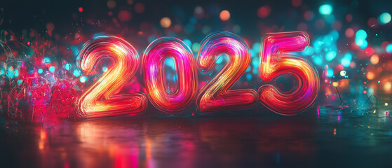 Playful "2025" typography bursting with dynamic colors and glowing light effects-2
