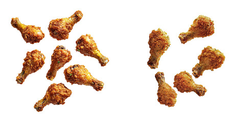 Two Sets of Crispy Fried Chicken Drumsticks, Isolated on Transparent and White Background