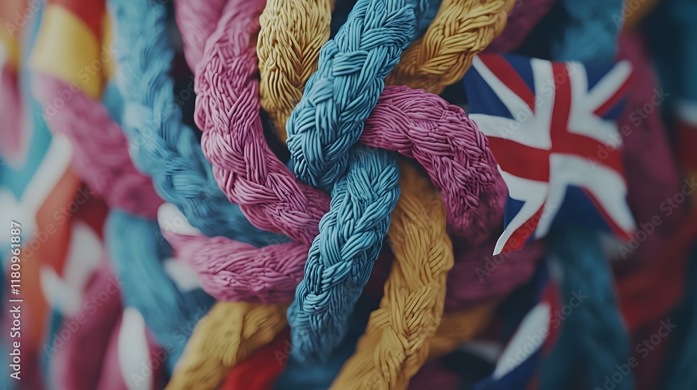 Poster intertwined flags symbolizing unity, a vibrant 3d representation showcasing flags merging together, 