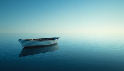 Naklejka premium Solitary rowboat on a still blue sea, clear sky above, soft ripples in the water, serene and peaceful scene, highresolution, cinematic view