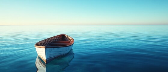 Obraz premium Solitary wooden rowboat in the middle of serene blue sea, clear sky, gentle ripples, peaceful isolation, cinematic atmosphere, ultraHD quality