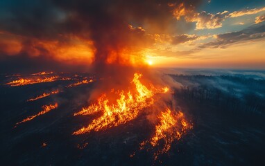 Naklejka premium Wildfire at sunset, flames consuming land, climate change and global warming effects on nature, environmental disaster concept