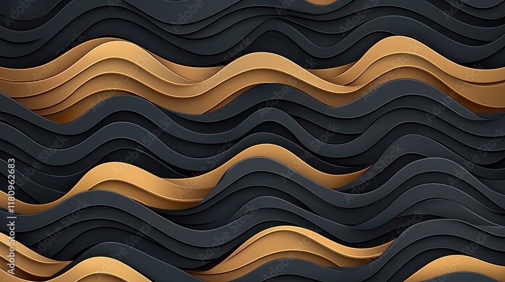 Poster abstract wavy pattern background with layered curves in black and gold colors for modern design proj