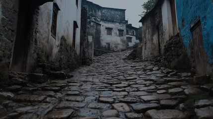 Cobblestone Path Leading Upward: A misty, atmospheric image of a narrow cobblestone path winding its way up a hill through an ancient village, evoking a sense of mystery, history, and exploration.