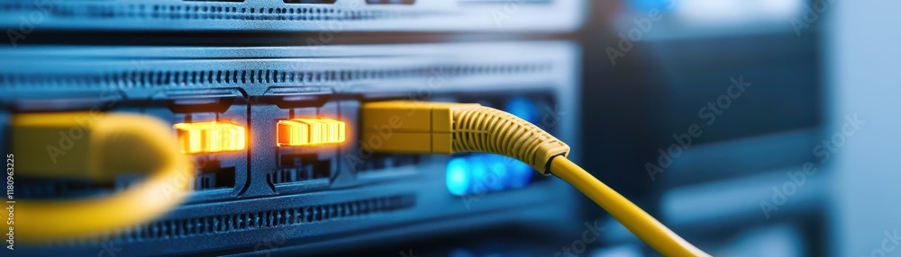 Aufkleber highspeed server connection, yellow ethernet cable plugged into server for network connectivity