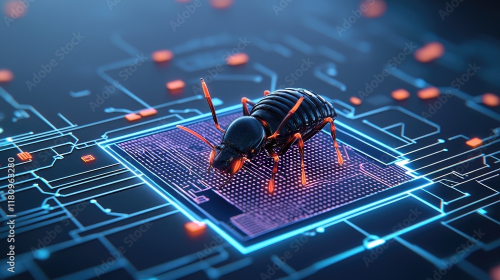 Poster digital circuit board with a stylized black ant representing concepts of technology and nature integ