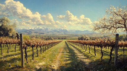 Grapevines in early spring. Soft natural light highlights the neat rows of grapevines, with a peaceful rural landscape in the background.