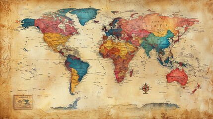 Vintage World Map: A Colorful Journey Across Continents