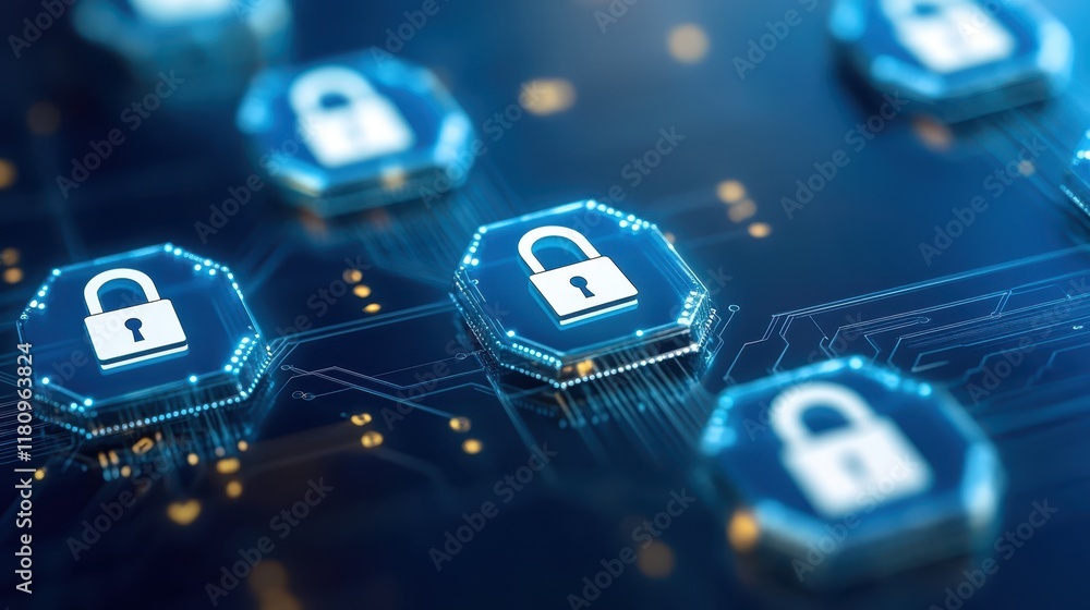 Poster cybersecurity and data protection, blue circuit board with lock symbolizing digital security