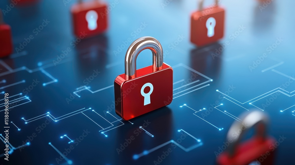 Poster cybersecurity concept, red padlock secures blue circuit board symbolizing data protection and access