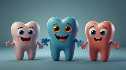 Fototapeta premium Three cute cartoon teeth holding hands.