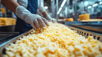 Worker handling grated cheese on factory conveyor belt
