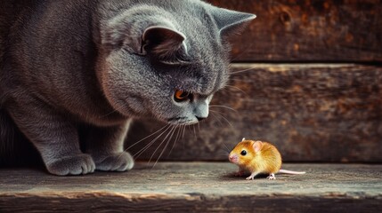 Obraz premium Gray British Shorthair Cat and a Tiny Mouse
