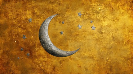 Crescent Moon And Stars On Golden Background