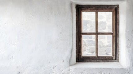 Obraz premium A vintage-style window with a wooden frame, sitting against a simple white wall.