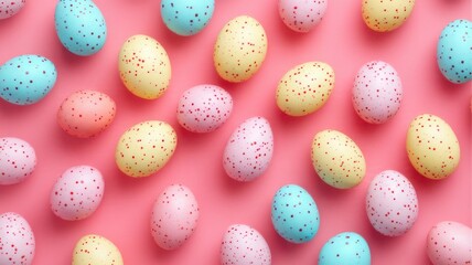 Colorful speckled Easter eggs on a pink background