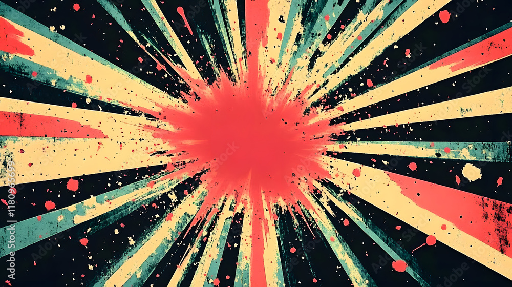 Poster retro-style burst graphic with vibrant rays and splatter effects, creating a dynamic and energetic v