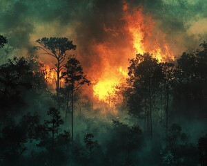 Fototapeta premium Forest wildfire in dense woodland, flames consuming trees, climate change impact on nature, devastating forest fire scene