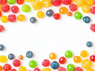 Colorful Assortment of Mixed Fruits and Candies on a White Background Creating a Playful and Vibrant Composition for Food and Dessert Themes