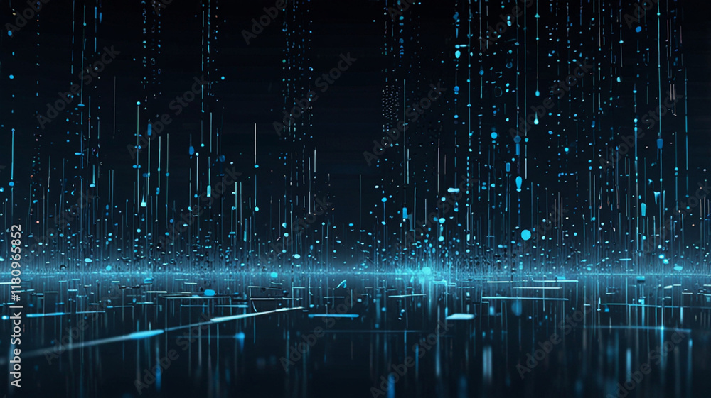 Wall mural abstract digital data stream, glowing lines and particles falling on dark background.