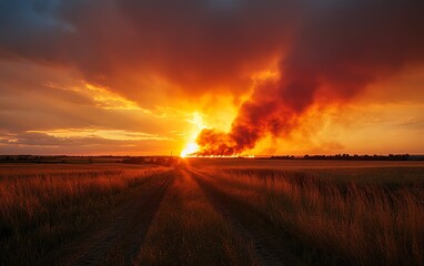 Intense wildfire during sunset, fiery orange sky, devastating effects of climate change and global warming on the environment