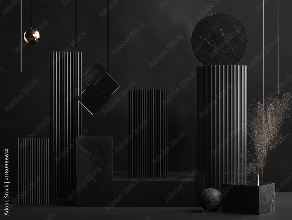 Poster dark composition adorned with sleek black geometric shapes, creating a visually striking and enigmat