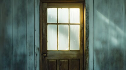 Fototapeta premium A rustic wooden door with a clear glass window, surrounded by soft white light.