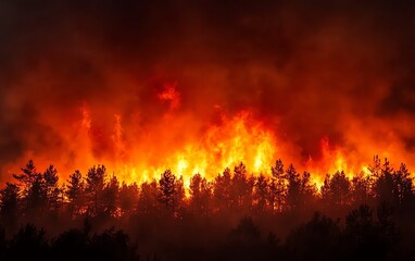 Raging wildfire at sunset, fiery skies and destructive flames, climate change and global warming impact on landscapes
