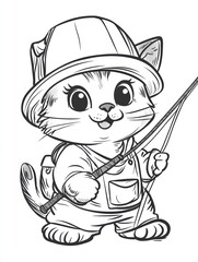 Cute Fisherman Cat: An adorable cartoon cat, dressed in a fishing hat and vest, holds a fishing rod with a cheerful expression. Perfect for children's books, coloring pages.