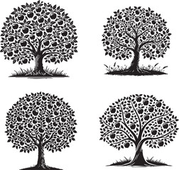 "4 Set of Elegant Vector Silhouettes of the Apple Tree on a Pristine White Background
