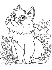 Curious Kitten: A cute cartoon kitten with big, curious eyes sits amidst a whimsical floral arrangement, perfect for coloring pages and creative projects. 