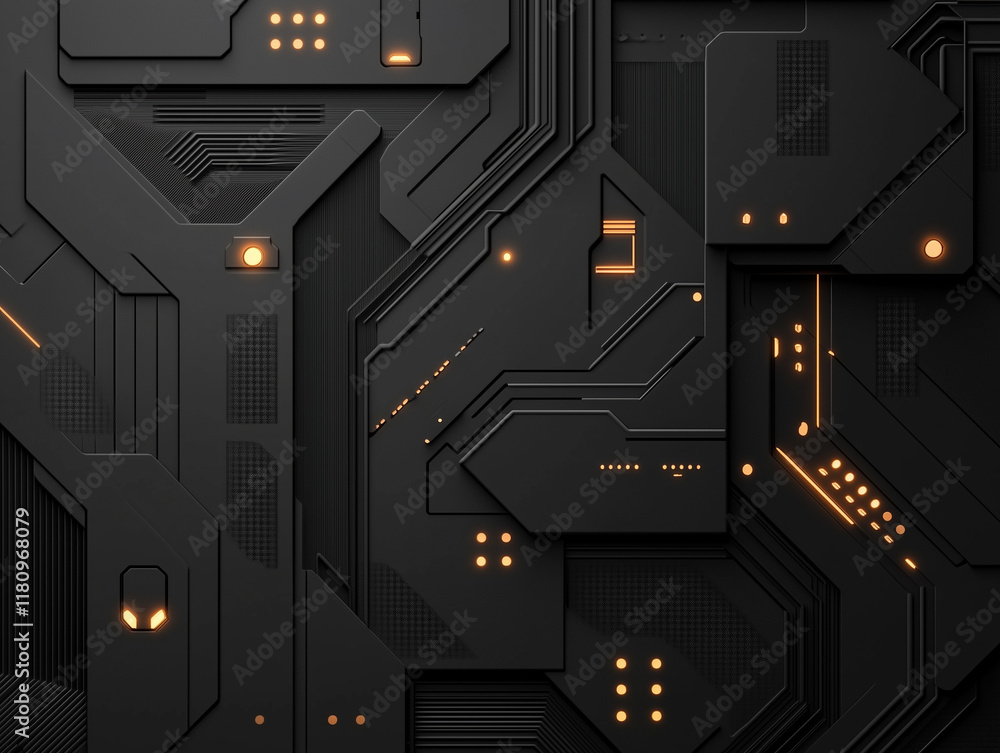 Poster dark composition adorned with sleek black geometric shapes, creating a visually striking and enigmat
